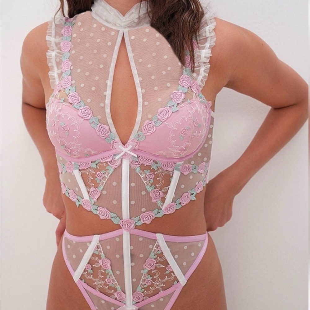 For Love & Lemons Pointelle Roses Teddy Size Large- New In Bag - Picture 2 of 4